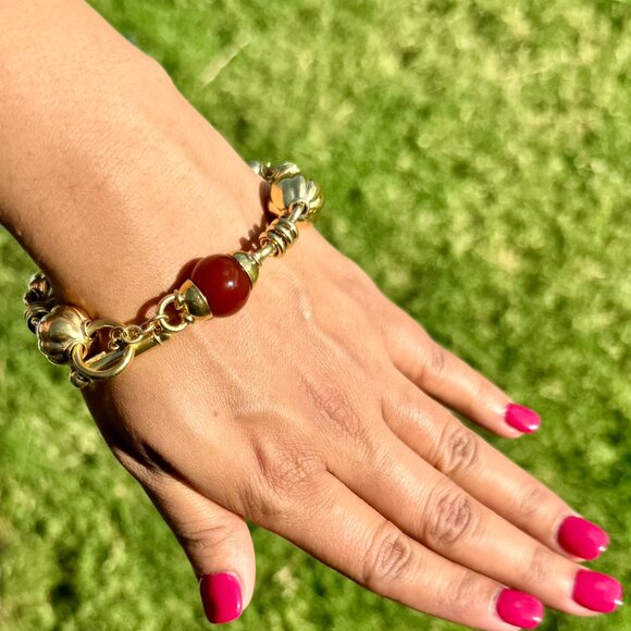 Estate Primavera Preziosi Italian Solid 18K Gold Carnelian Bead Toggle Bracelet - Picture 9 of 10